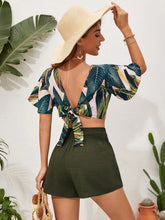 Women's Vacation Style Plant Printed Back Tie Cropped Top And Shorts Set